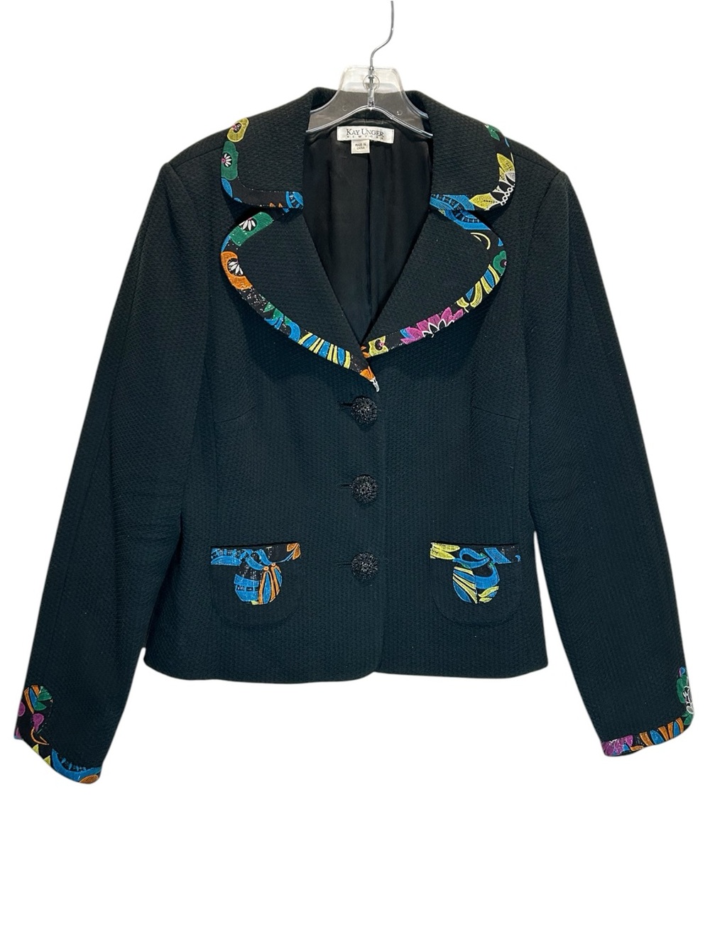 VTG 90’s Kay Unger Black Cotton Waffle Jacket w/ Multicolored Trim - Size 14